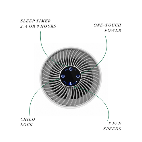Top controls: sleep timer for 2, 4 or 8 hours, one-touch power, child lock and three fan speeds