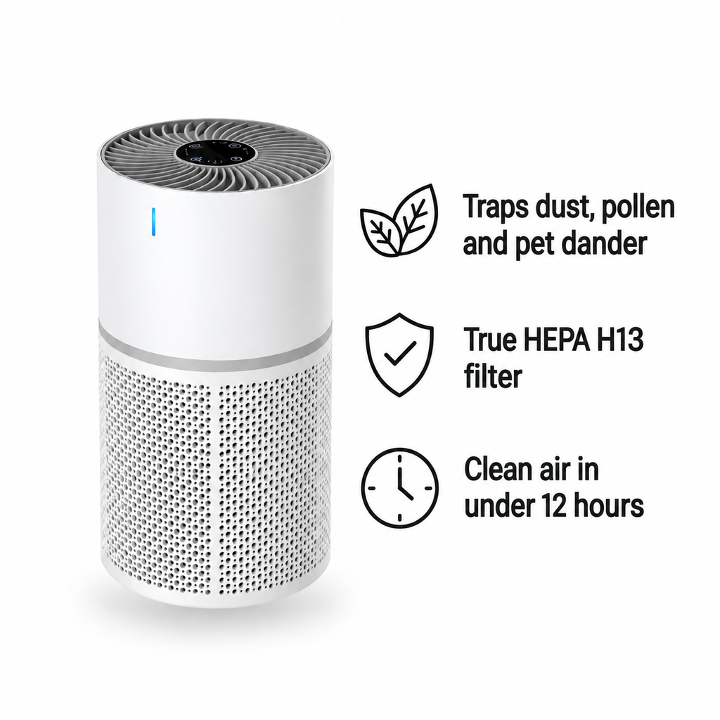 N&N air purifier: traps dust, pollen and pet dander, True HEPA H13 filter, clean air in under 12 hours