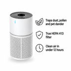 N&N air purifier: traps dust, pollen and pet dander, True HEPA H13 filter, clean air in under 12 hours