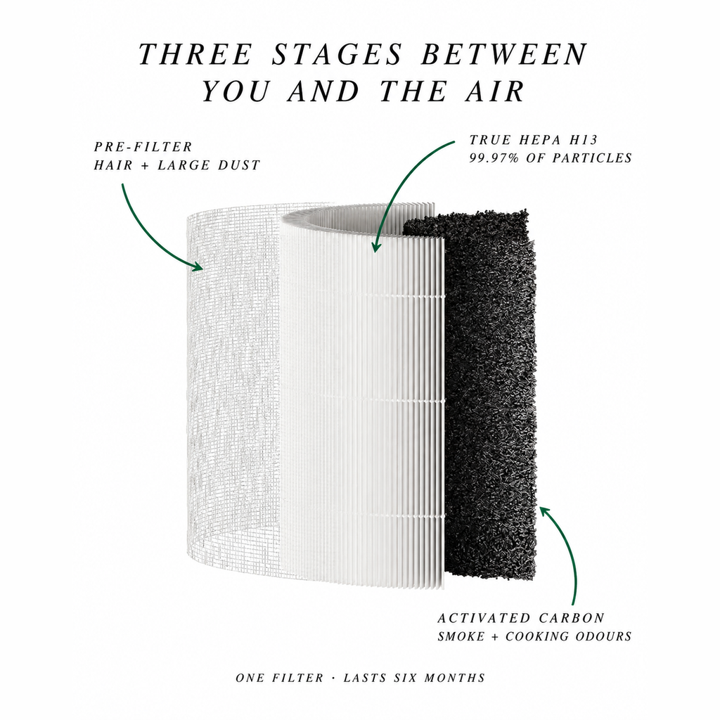 Three filter stages: pre-filter for hair and large dust, True HEPA H13 for 99.97% of particles, activated carbon for smoke and cooking odours