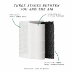 Three filter stages: pre-filter for hair and large dust, True HEPA H13 for 99.97% of particles, activated carbon for smoke and cooking odours